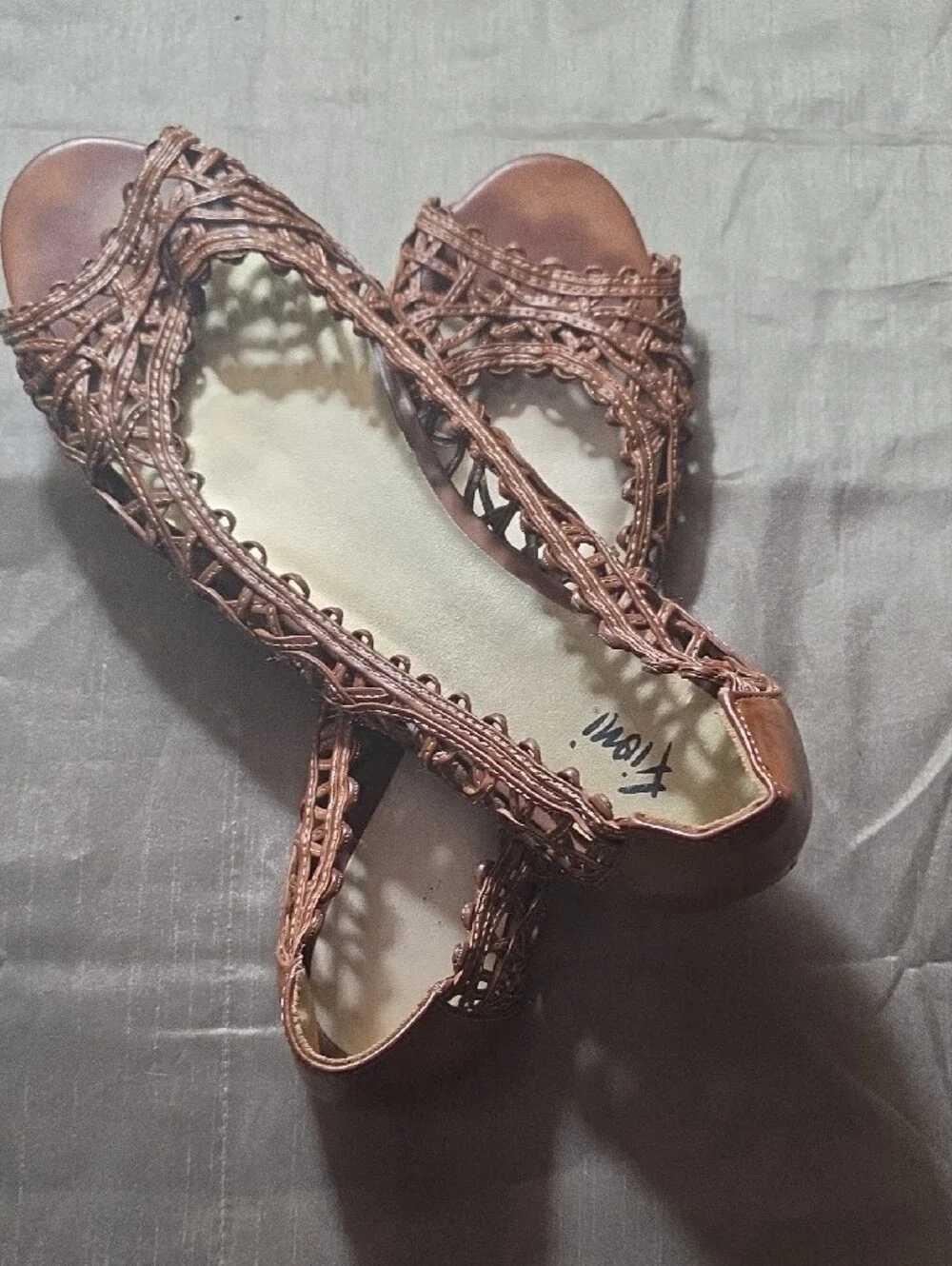 Women's Brown Woven Peep-Toe Flats